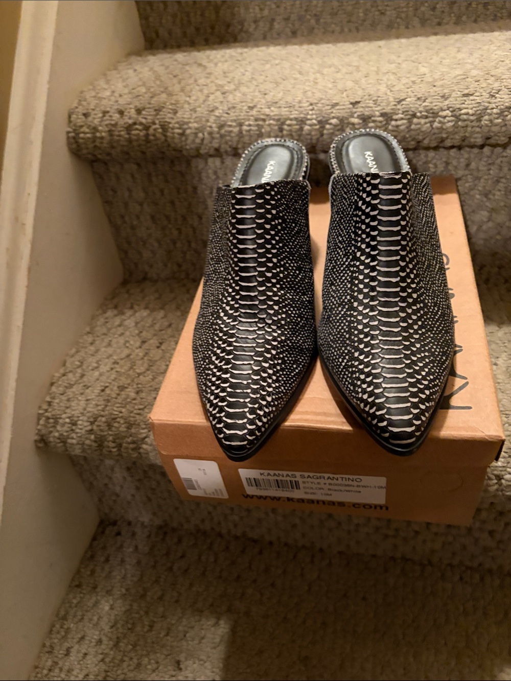 Kaanas Black & White Snake-Print Pointed Slip-On Mules